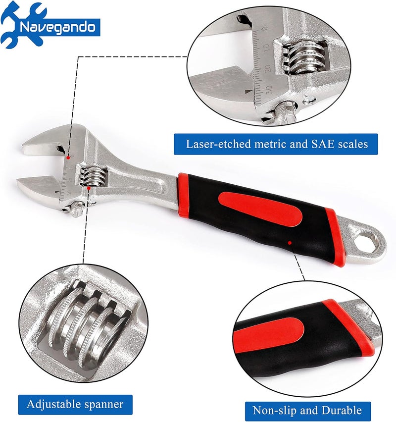 Navegando 4-Piece Adjustable Wrench Set, 6/8/10/12 Inch, Heat Treated Carbon Steel with Non-Slip Rubber Grip，Corrosion Resistant Finish for Automotive, Plumbing & DIY Repairs - Image 5